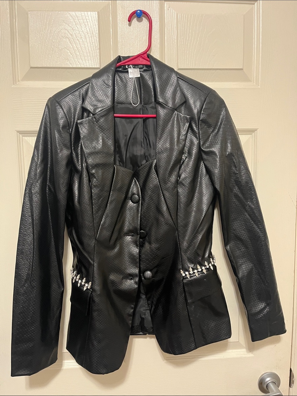 Venus Women's Faux Leather Blazer with Embellished Waist